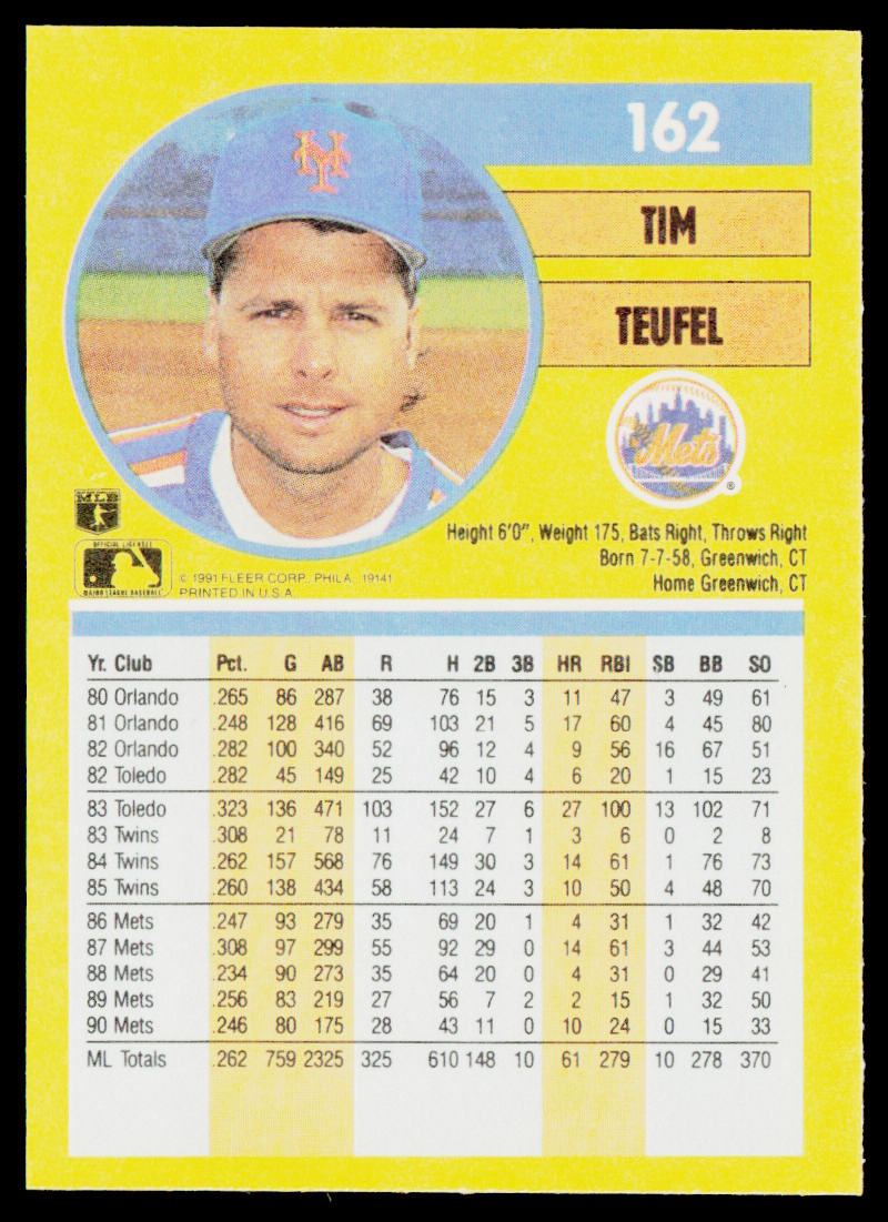 Tim Teufel 1991 Fleer #162 New York Mets