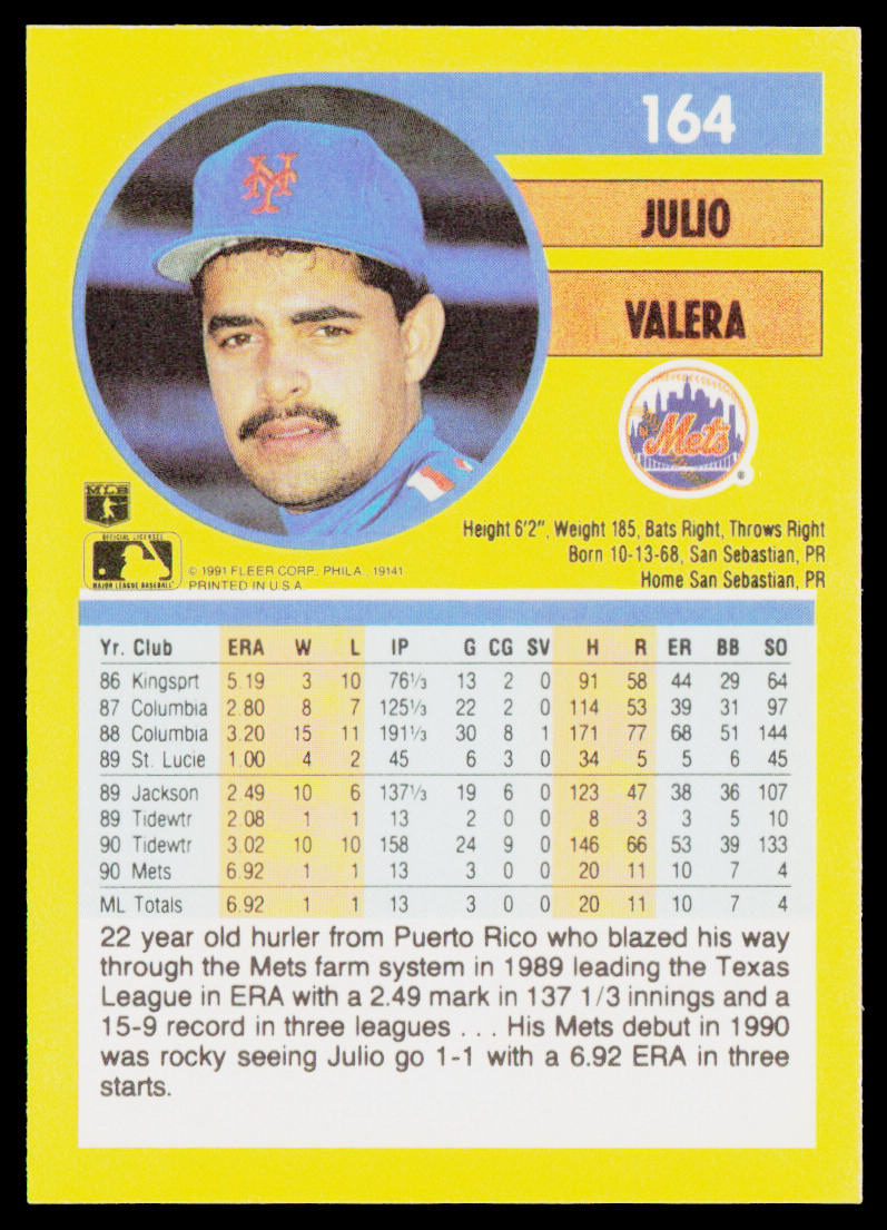 Julio Valera 1991 Fleer #164b New York Mets