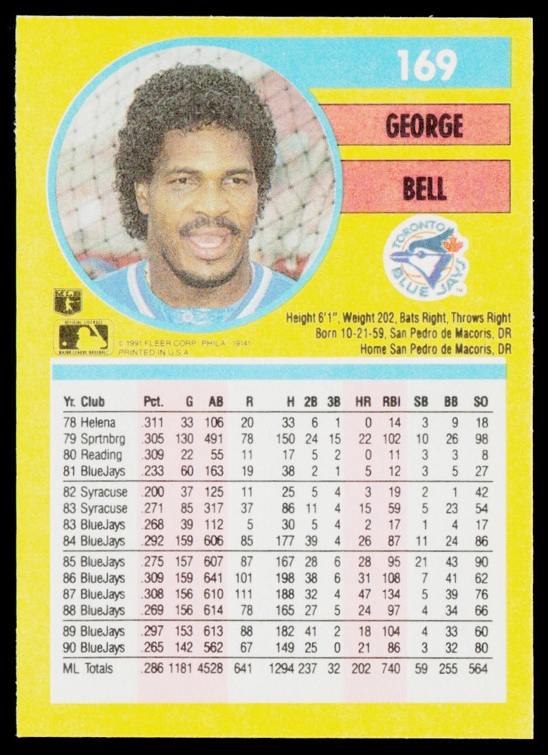 George Bell 1991 Fleer #169 Toronto Blue Jays