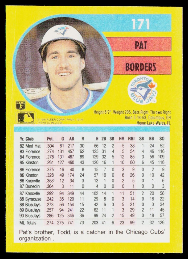Pat Borders 1991 Fleer #171b Toronto Blue Jays