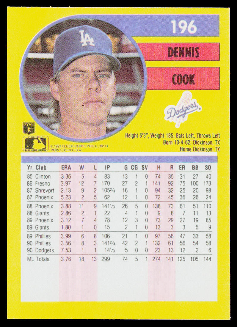 Dennis Cook 1991 Fleer #196 Los Angeles Dodgers