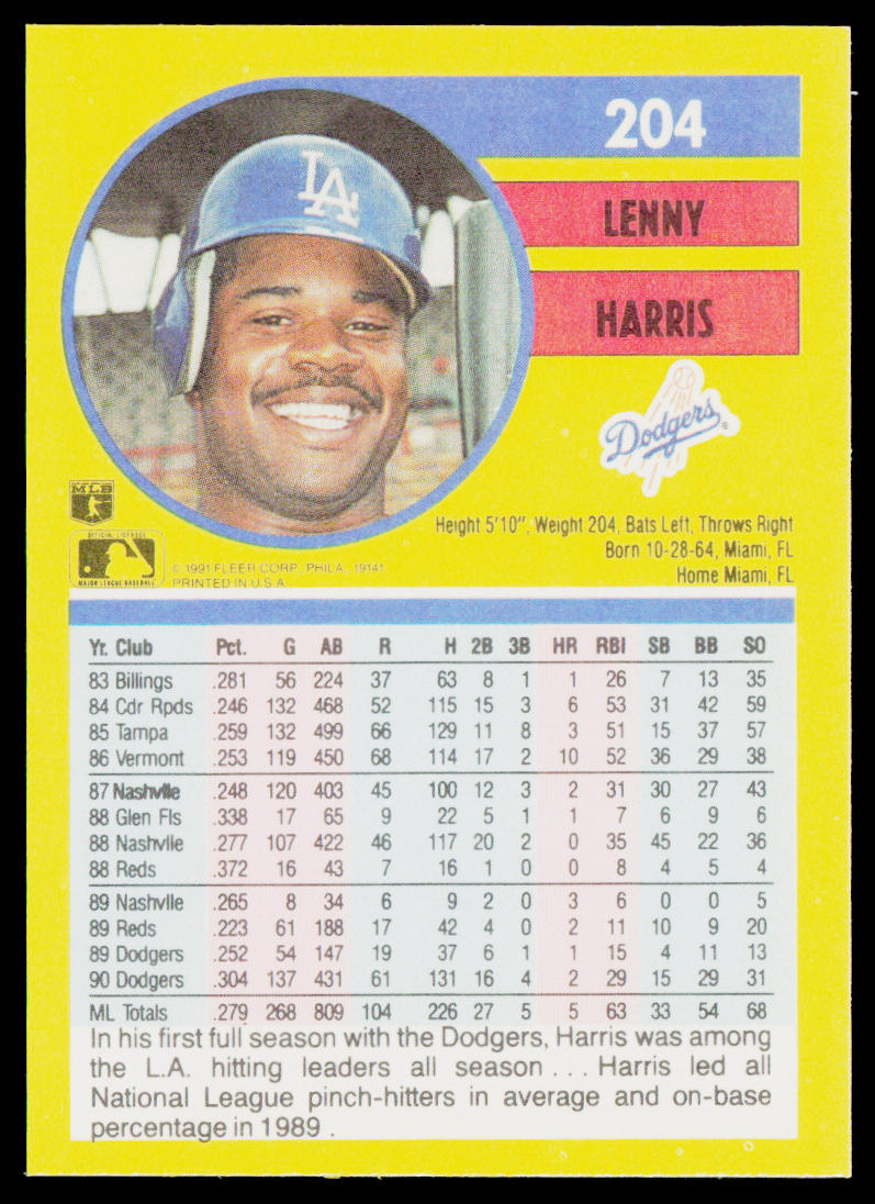 Lenny Harris 1991 Fleer #204b Los Angeles Dodgers