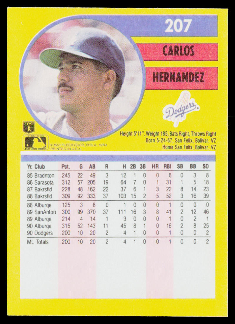 Carlos Hernandez 1991 Fleer #207 RC Los Angeles Dodgers
