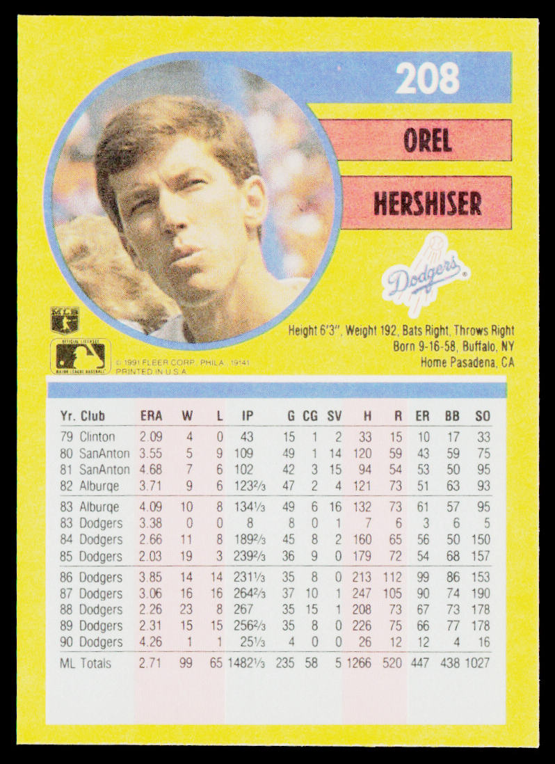 Orel Hershiser 1991 Fleer #208b Los Angeles Dodgers