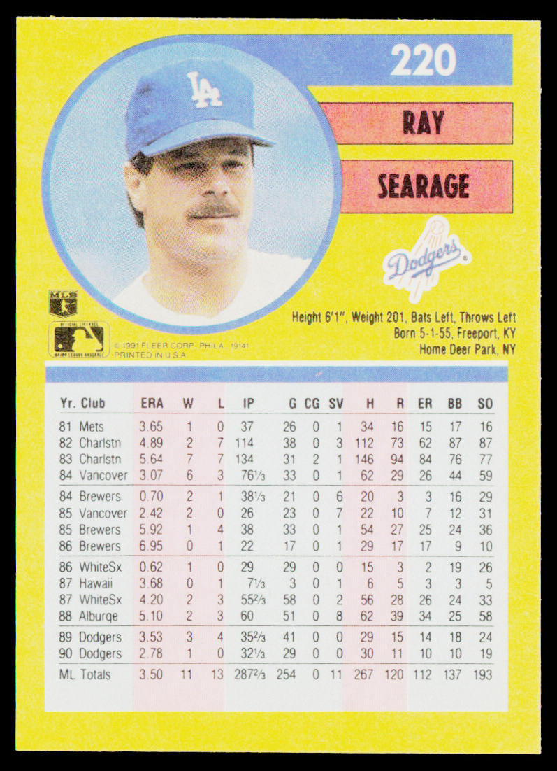 Ray Searage 1991 Fleer #220b Los Angeles Dodgers