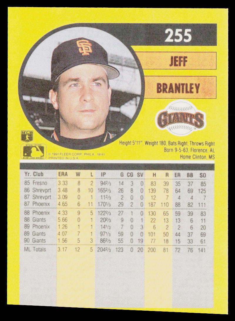 Jeff Brantley 1991 Fleer #255a San Francisco Giants