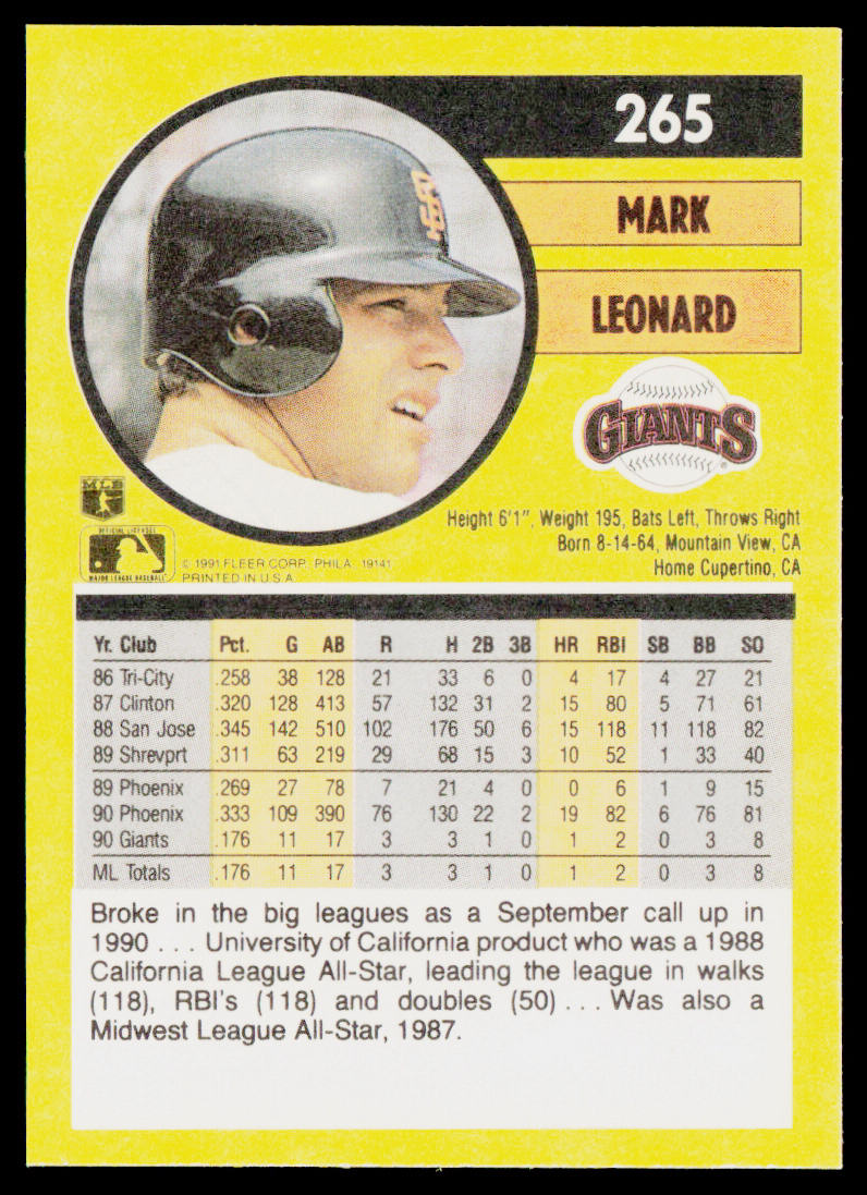 Mark Leonard 1991 Fleer #265a RC San Francisco Giants