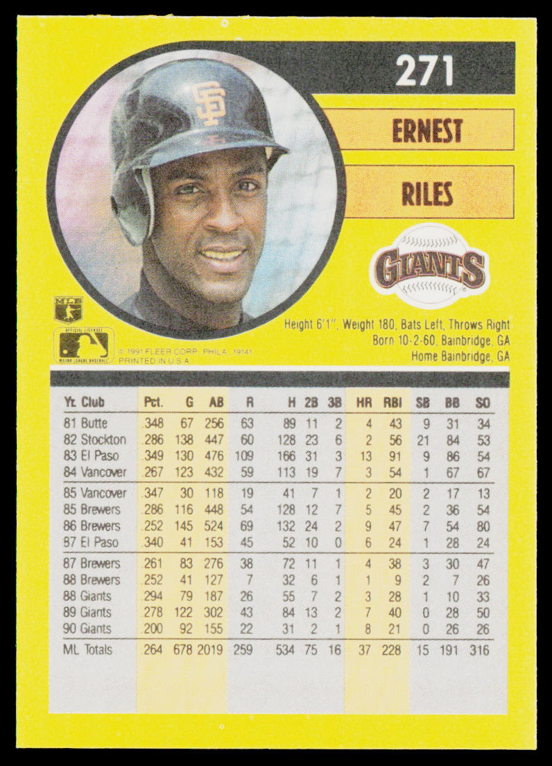 Ernest Riles 1991 Fleer #271b San Francisco Giants