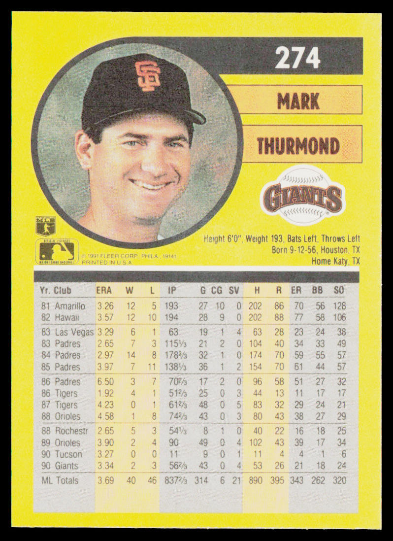 Mark Thurmond 1991 Fleer #274b San Francisco Giants