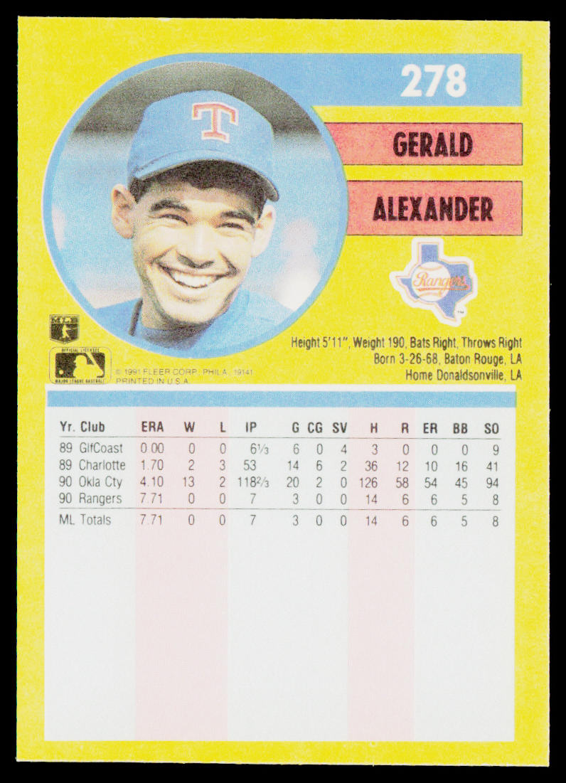 Gerald Alexander 1991 Fleer #278b RC Texas Rangers
