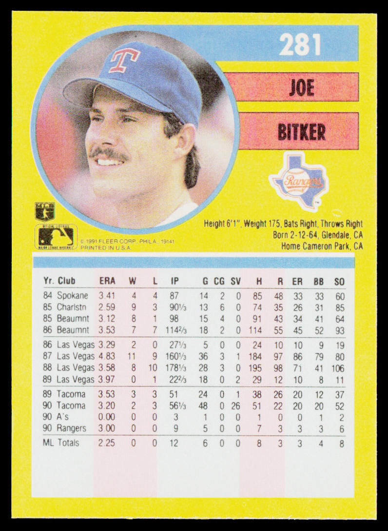 Joe Bitker 1991 Fleer #281b RC Texas Rangers