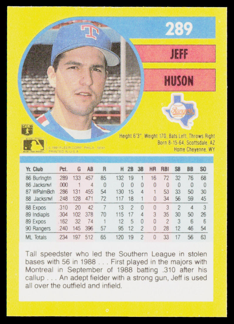 Jeff Huson 1991 Fleer #289a Texas Rangers