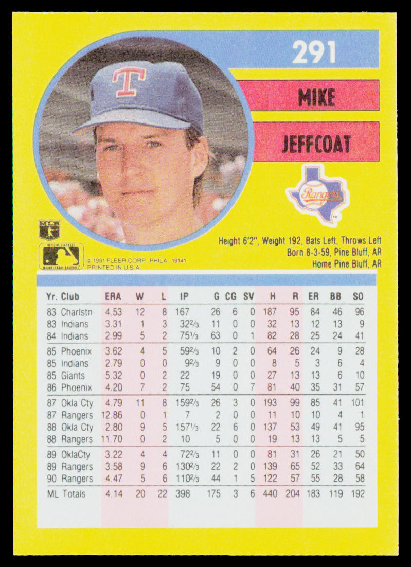 Mike Jeffcoat 1991 Fleer #291a Texas Rangers