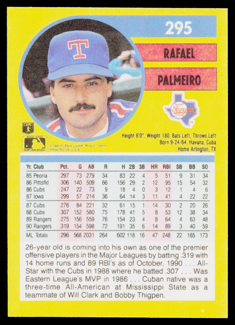 Rafael Palmeiro 1991 Fleer #295a Texas Rangers