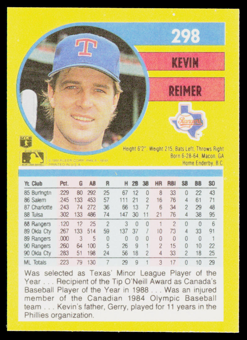 Kevin Reimer 1991 Fleer #298 Texas Rangers