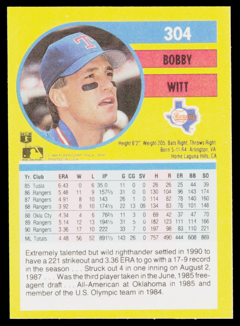 Bobby Witt 1991 Fleer #304 Texas Rangers