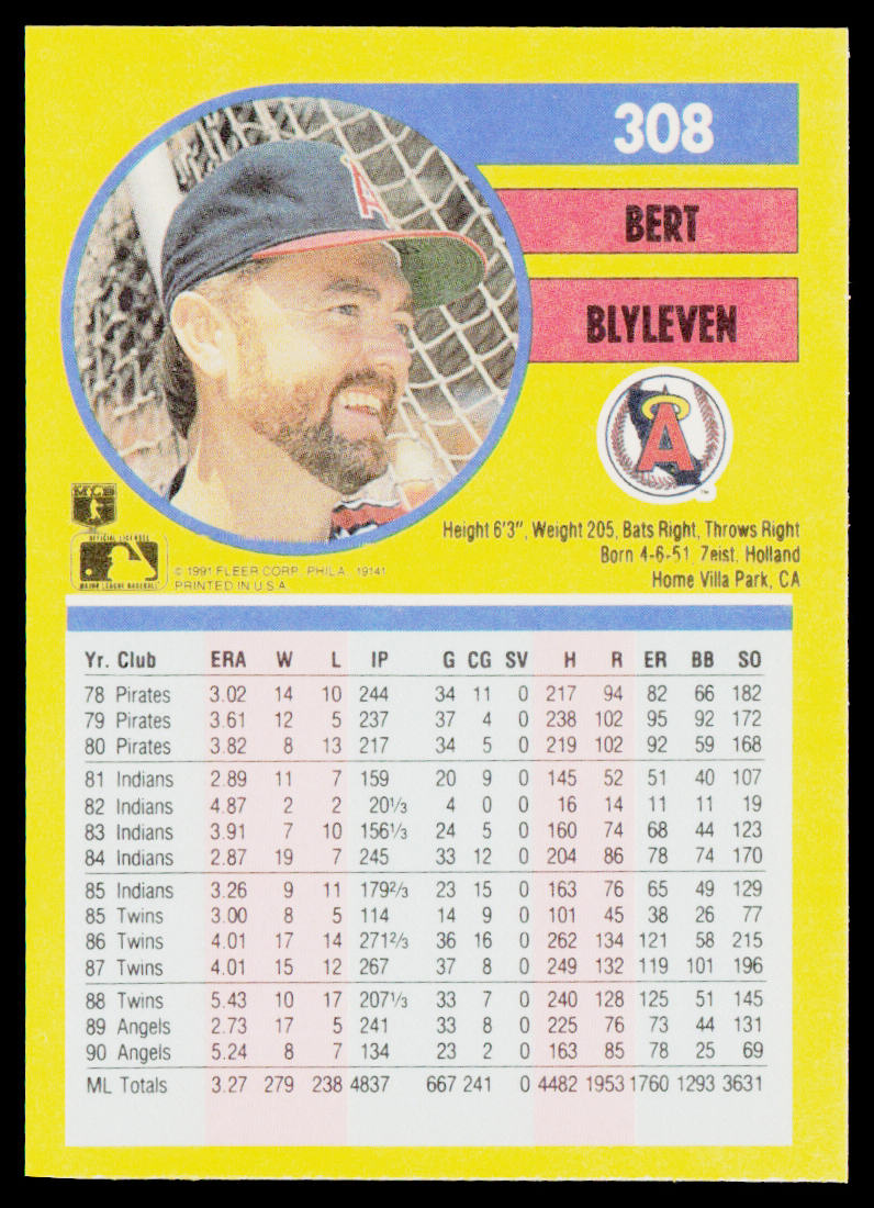Bert Blyleven 1991 Fleer #308a California Angels