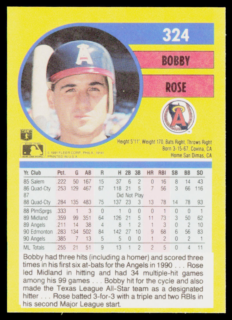Bobby Rose 1991 Fleer #324b California Angels