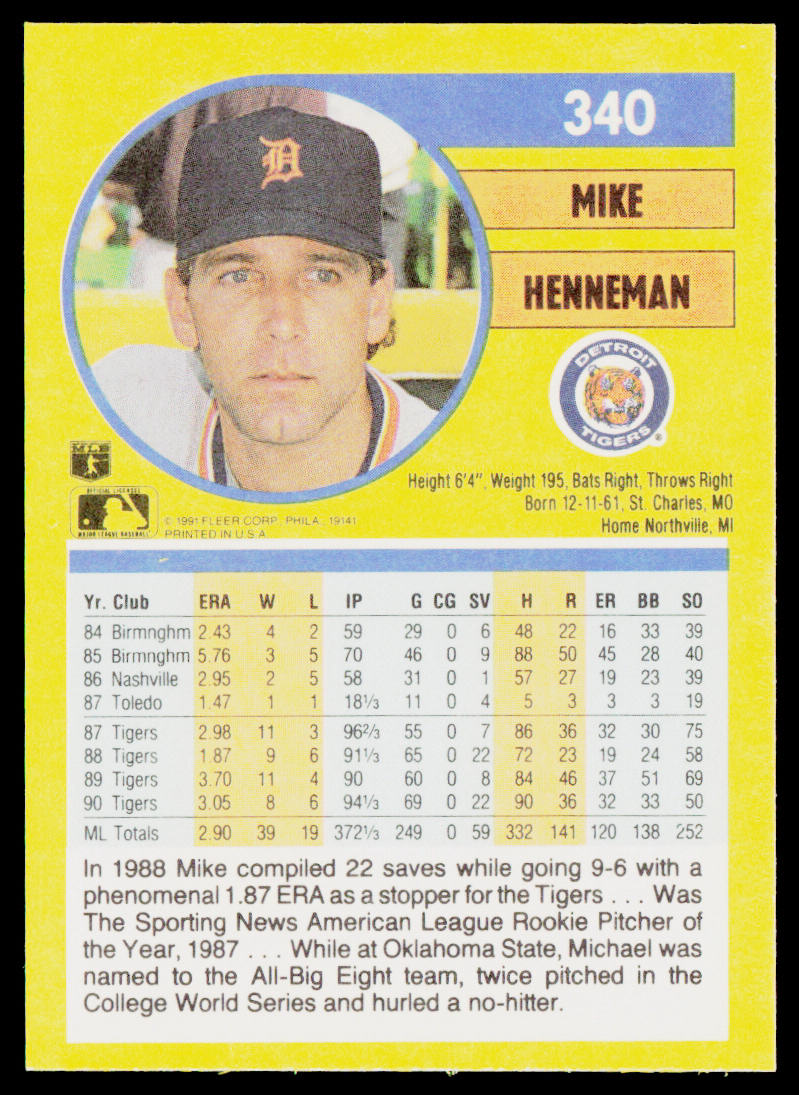 Mike Henneman 1991 Fleer #340 Detroit Tigers