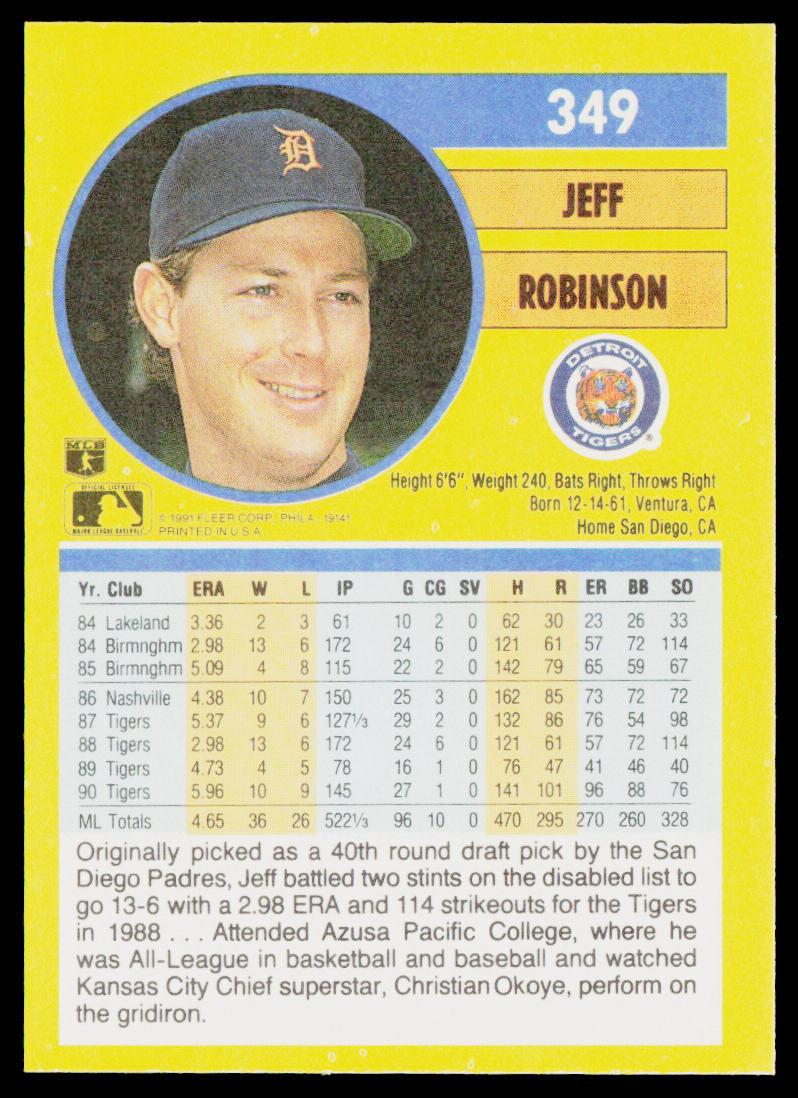 Jeff Robinson 1991 Fleer #349b Detroit Tigers