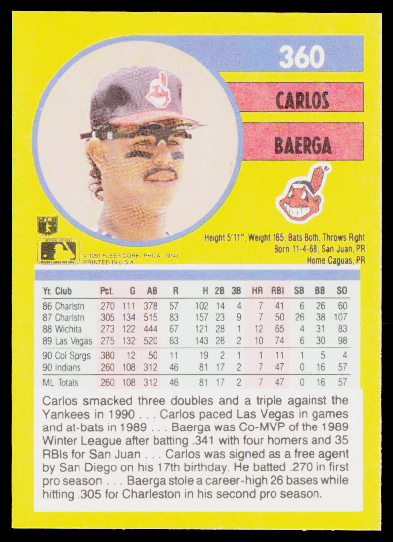 Carlos Baerga 1991 Fleer #360a Cleveland Indians