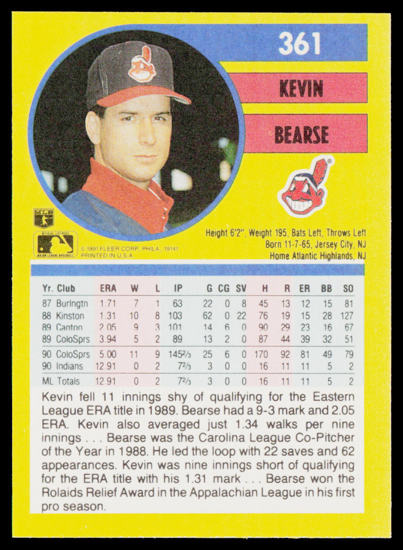 Kevin Bearse 1991 Fleer #361b Cleveland Indians