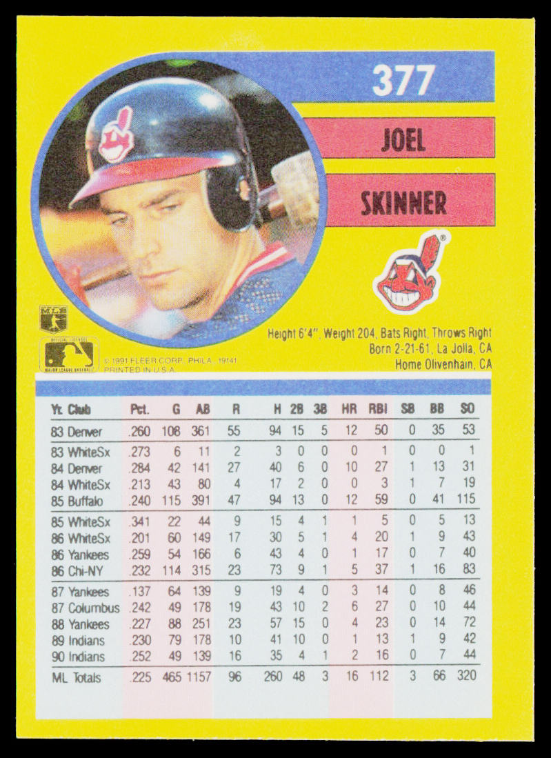 Joel Skinner 1991 Fleer #377 Cleveland Indians
