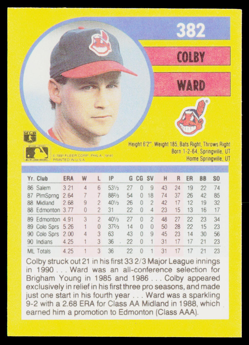 Colby Ward 1991 Fleer #382b RC Cleveland Indians