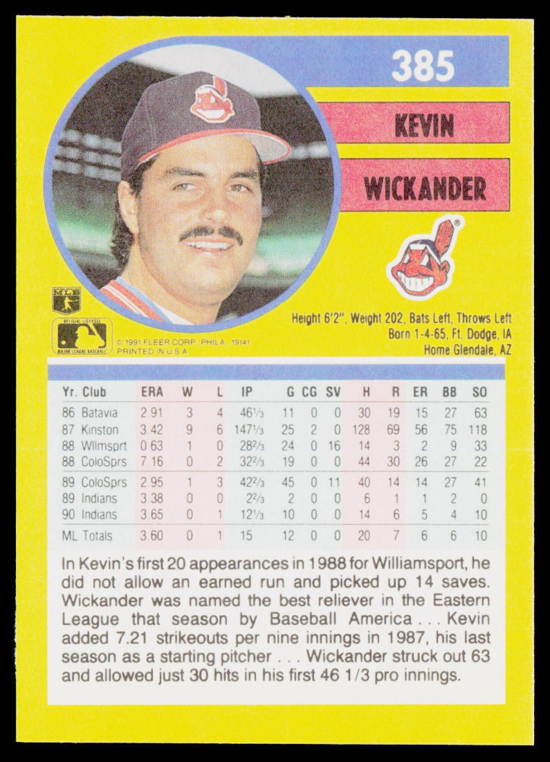 Kevin Wickander 1991 Fleer #385a Cleveland Indians