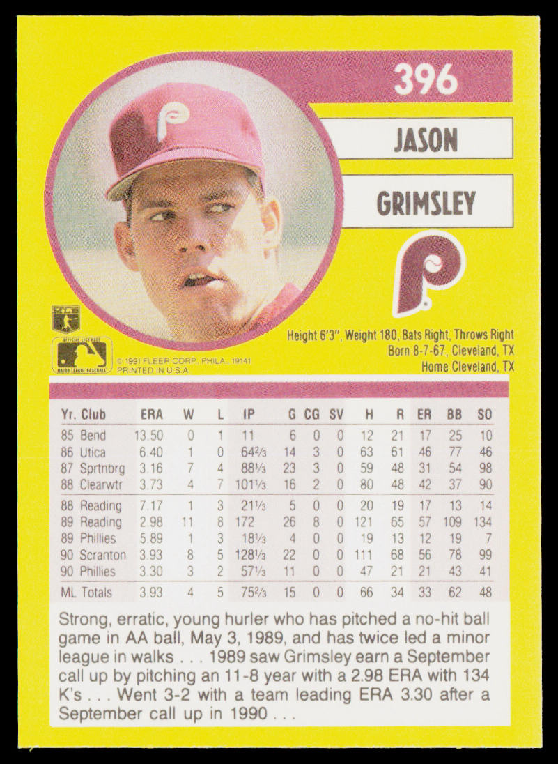 Jason Grimsley 1991 Fleer #396 Philadelphia Phillies