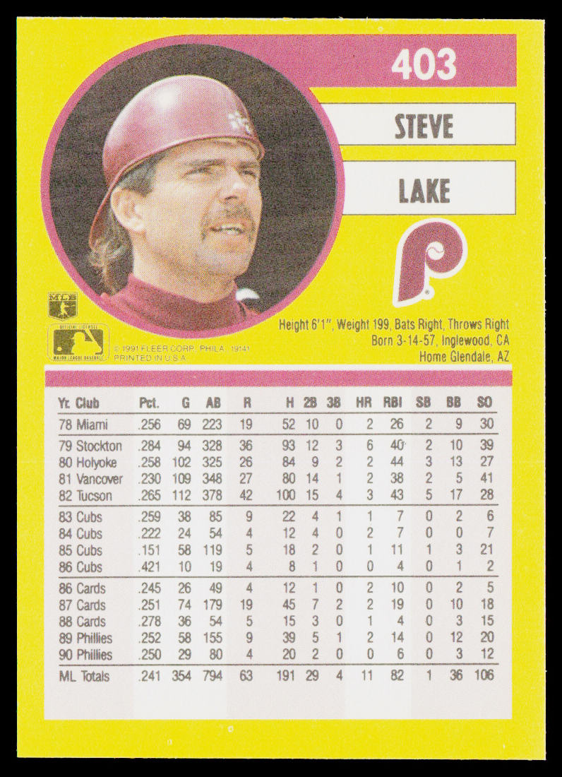 Steve Lake 1991 Fleer #403a Philadelphia Phillies