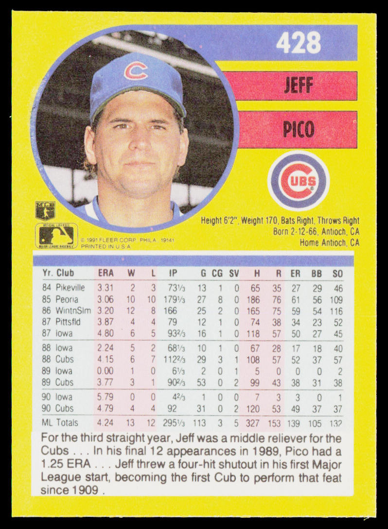 Jeff Pico 1991 Fleer #428b Chicago Cubs