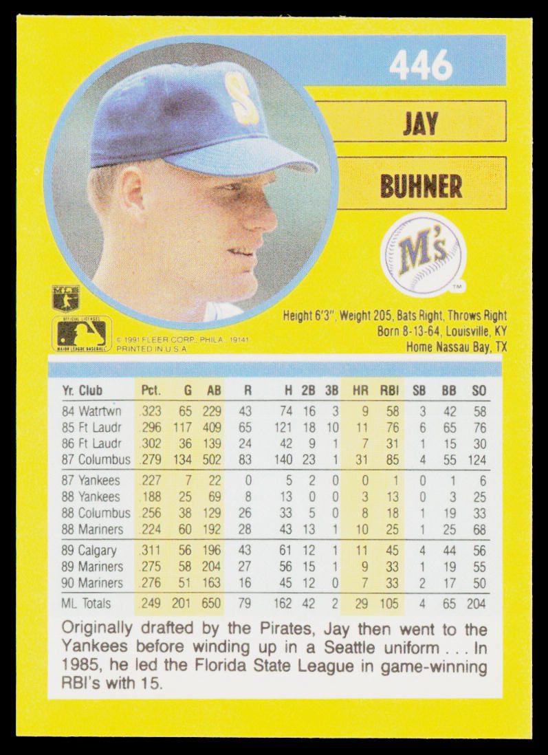 Jay Buhner 1991 Fleer #446b Seattle Mariners