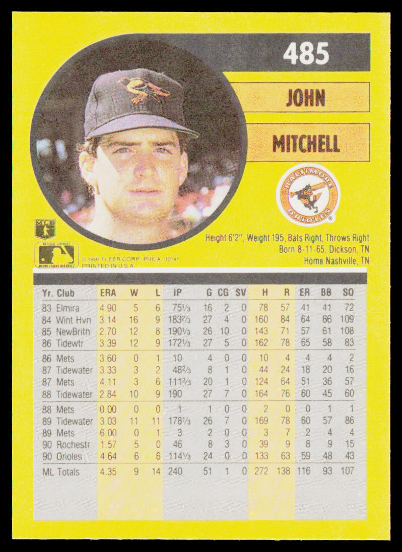 John Mitchell 1991 Fleer #485b Baltimore Orioles