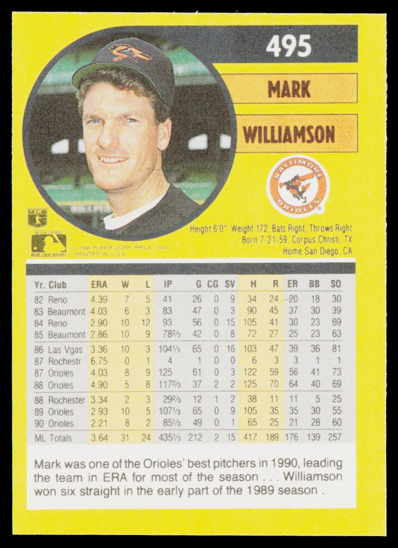 Mark Williamson 1991 Fleer #495b Baltimore Orioles