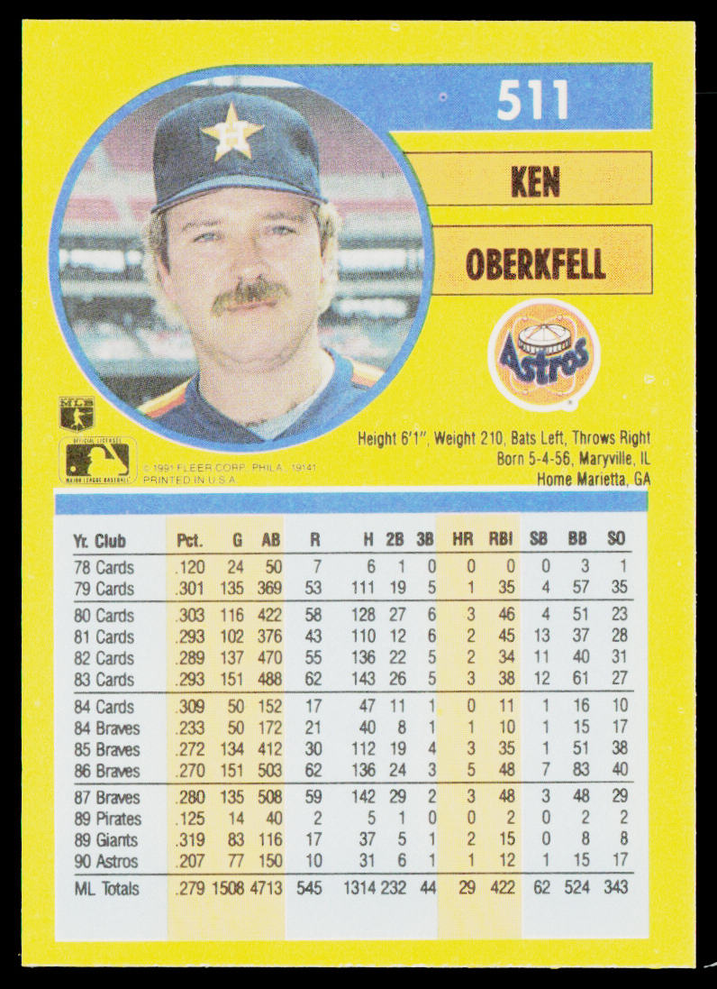 Ken Oberkfell 1991 Fleer #511b Houston Astros