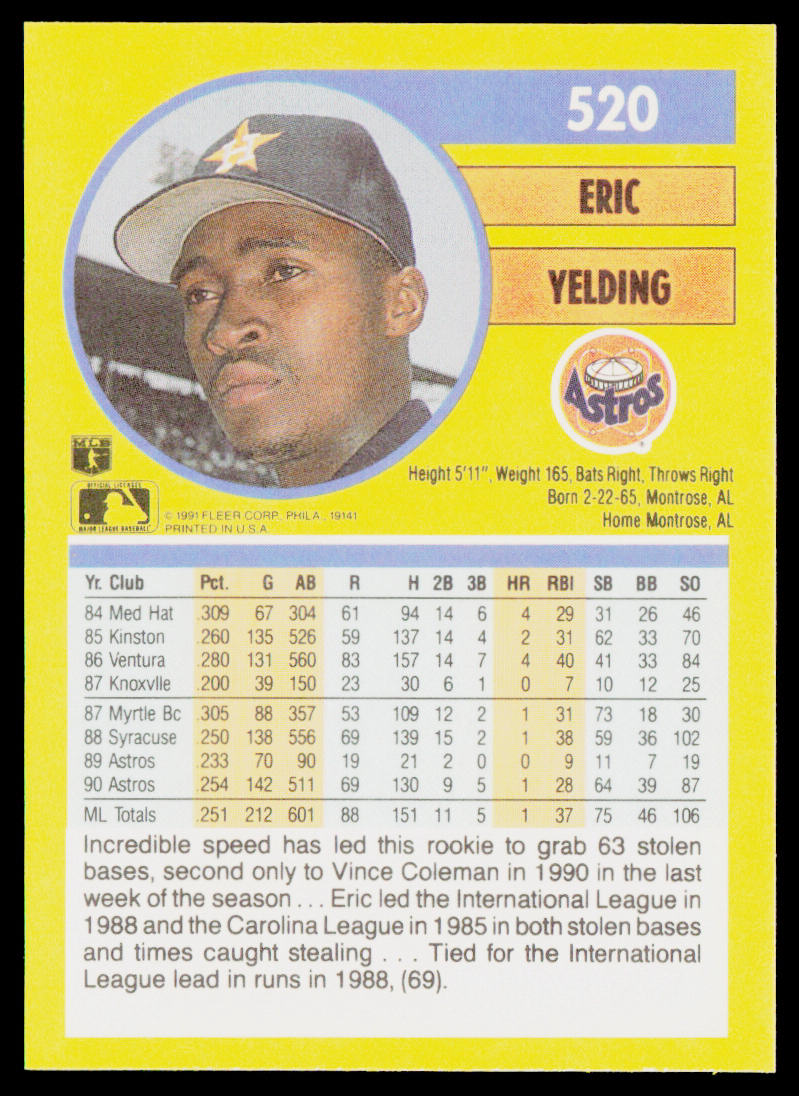 Eric Yelding 1991 Fleer #520a Houston Astros
