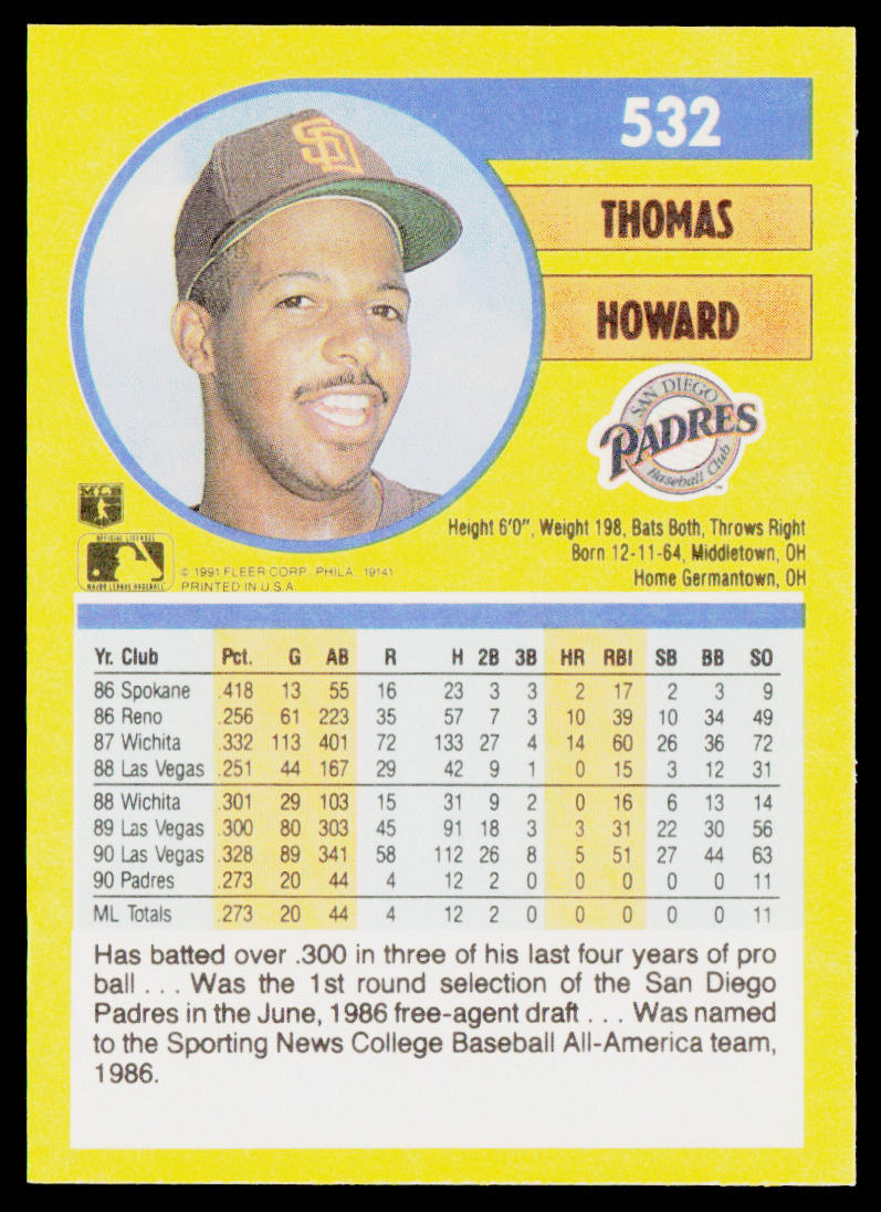Thomas Howard 1991 Fleer #532b San Diego Padres