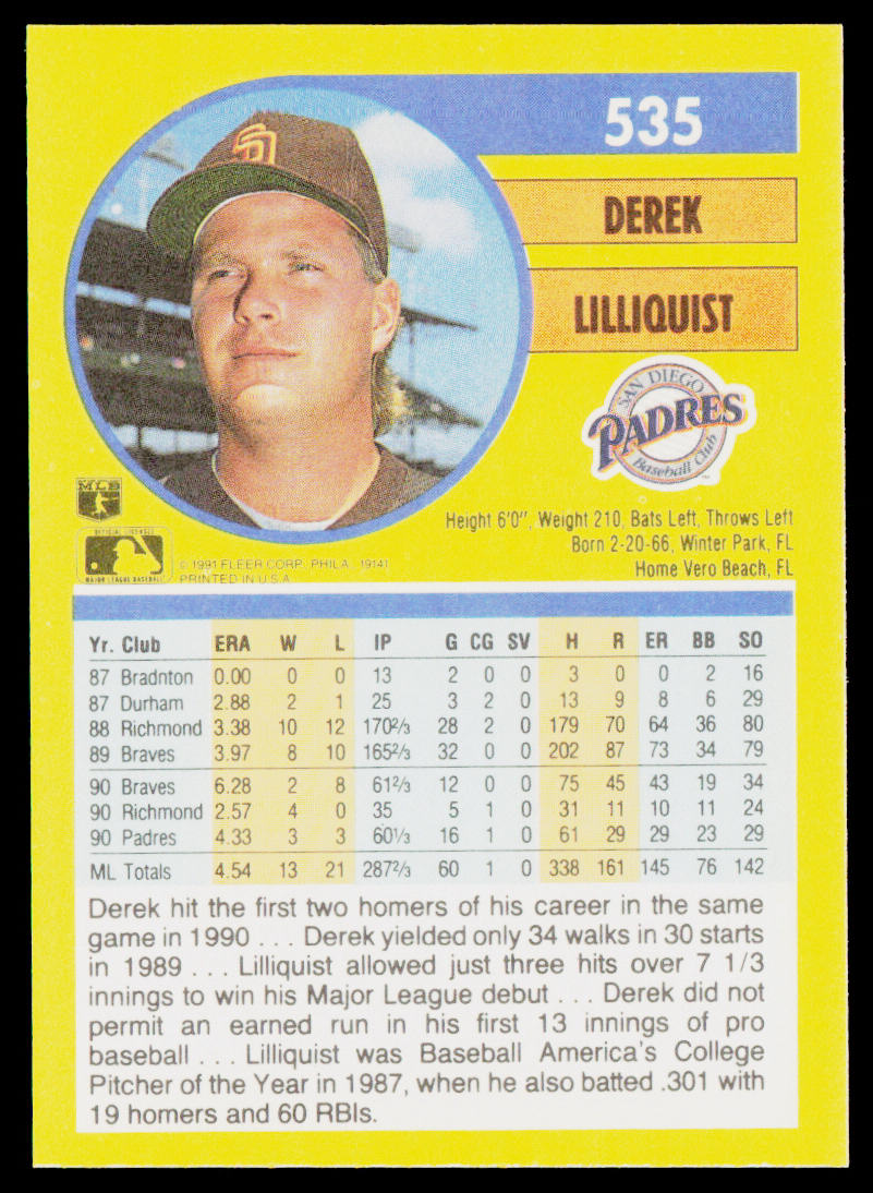 Derek Lilliquist 1991 Fleer #535a San Diego Padres