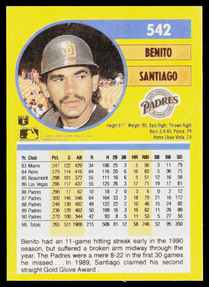 Benito Santiago 1991 Fleer #542 San Diego Padres