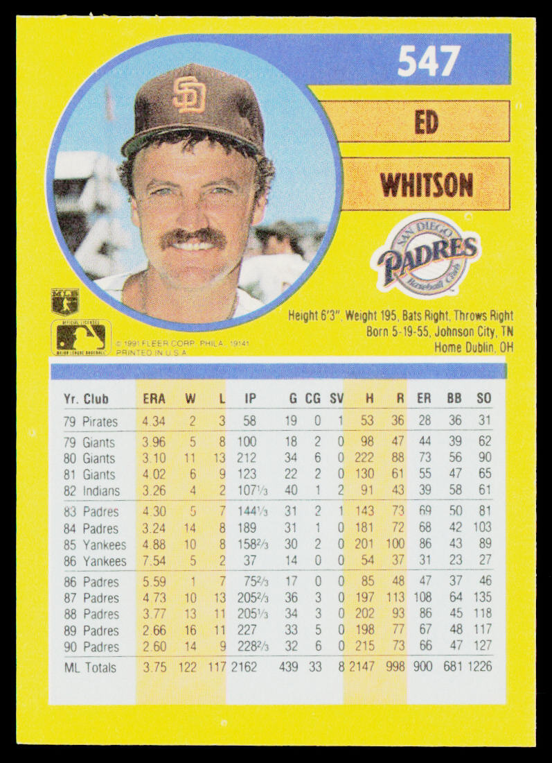 Ed Whitson 1991 Fleer #547b San Diego Padres