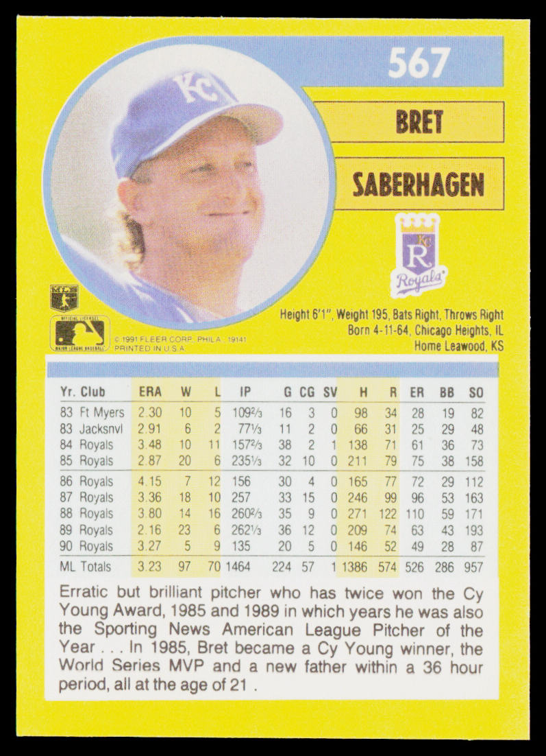 Bret Saberhagen 1991 Fleer #567a Kansas City Royals