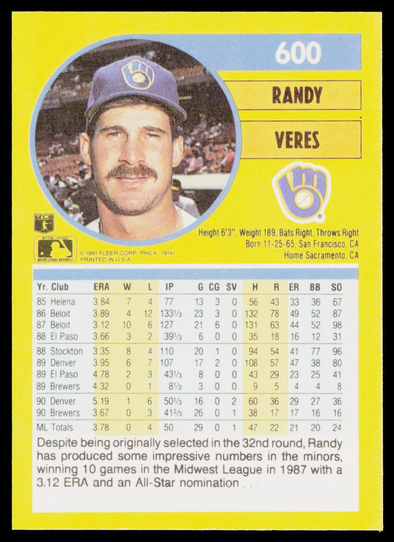 Randy Veres 1991 Fleer #600b Milwaukee Brewers