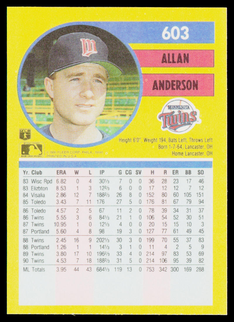Allan Anderson 1991 Fleer #603a Minnesota Twins