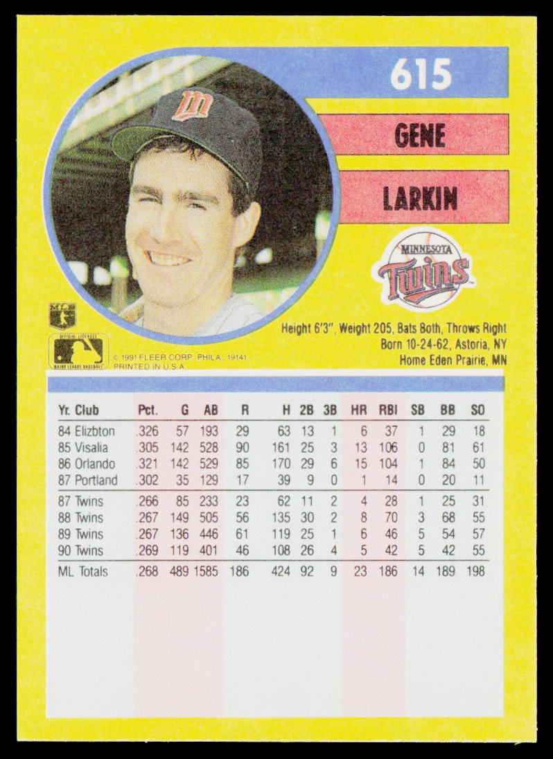 Gene Larkin 1991 Fleer #615b Minnesota Twins