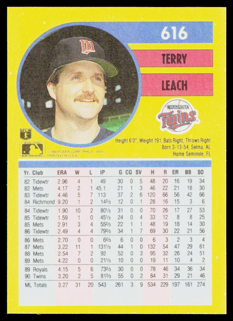 Terry Leach 1991 Fleer #616a Minnesota Twins