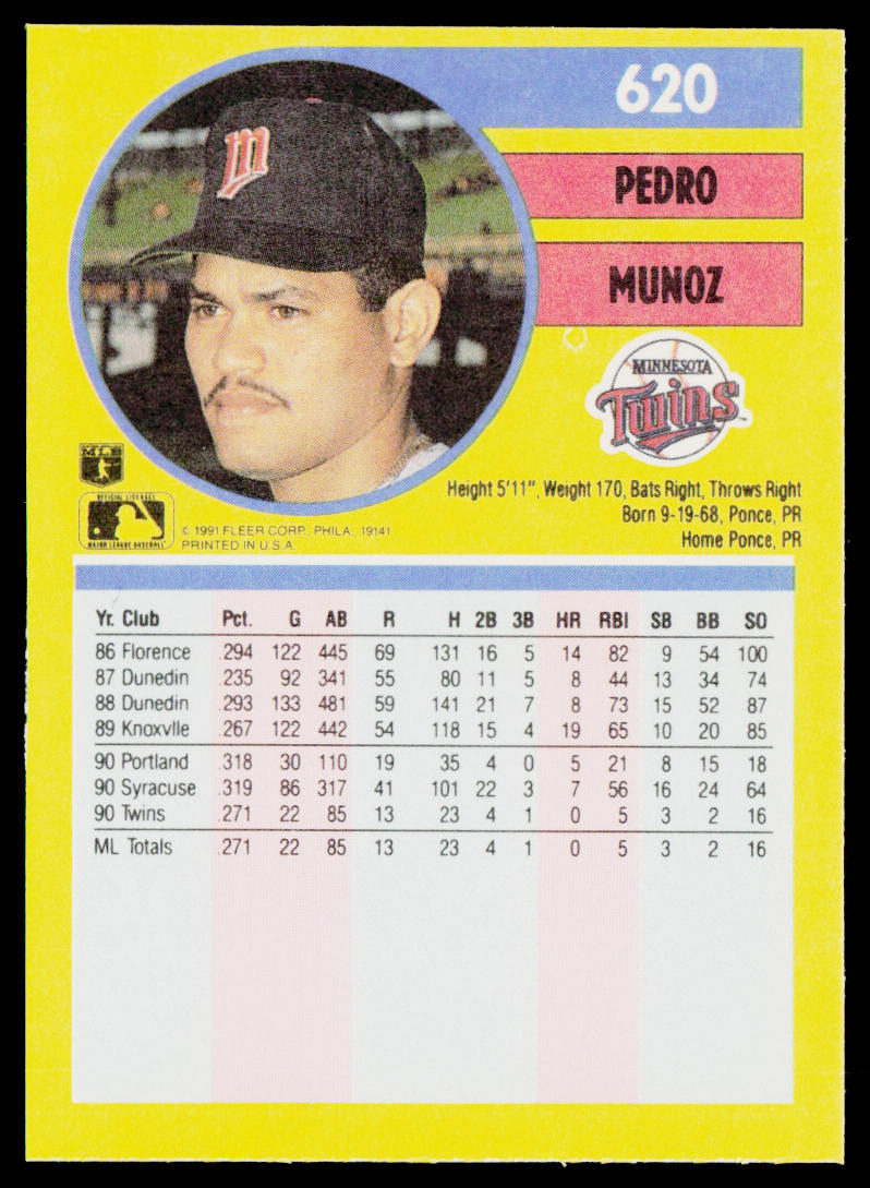 Pedro Munoz 1991 Fleer #620a RC Minnesota Twins