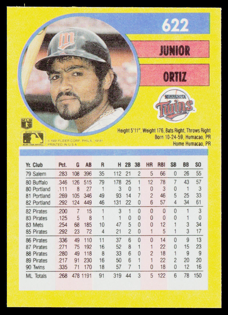 Junior Ortiz 1991 Fleer #622 Minnesota Twins