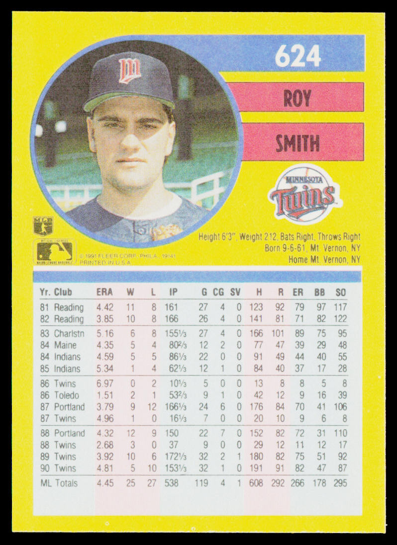 Roy Smith 1991 Fleer #624b Minnesota Twins
