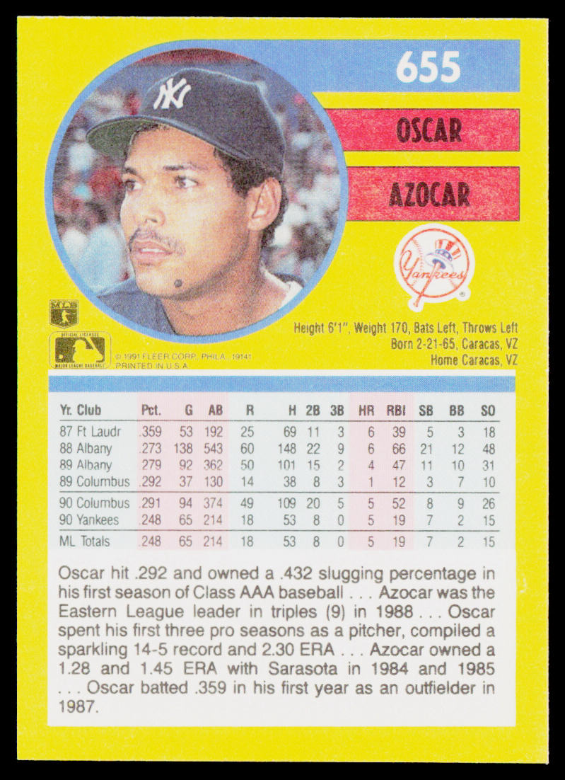 Oscar Azocar 1991 Fleer #655b New York Yankees